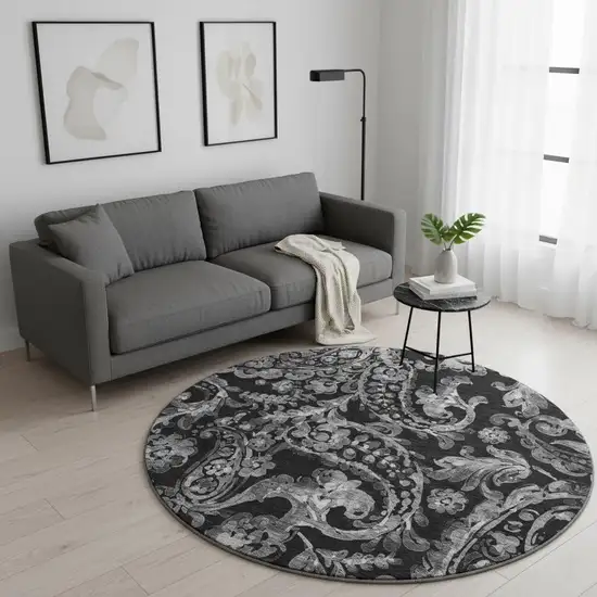 8' Black And Silver Paisley Washable Round Rug With UV Protection Photo 2