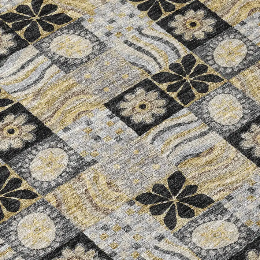 8' Black And Silver Round Floral Washable Indoor Outdoor Area Rug Photo 5