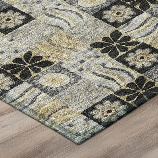 8' Black And Silver Round Floral Washable Indoor Outdoor Area Rug Photo 4