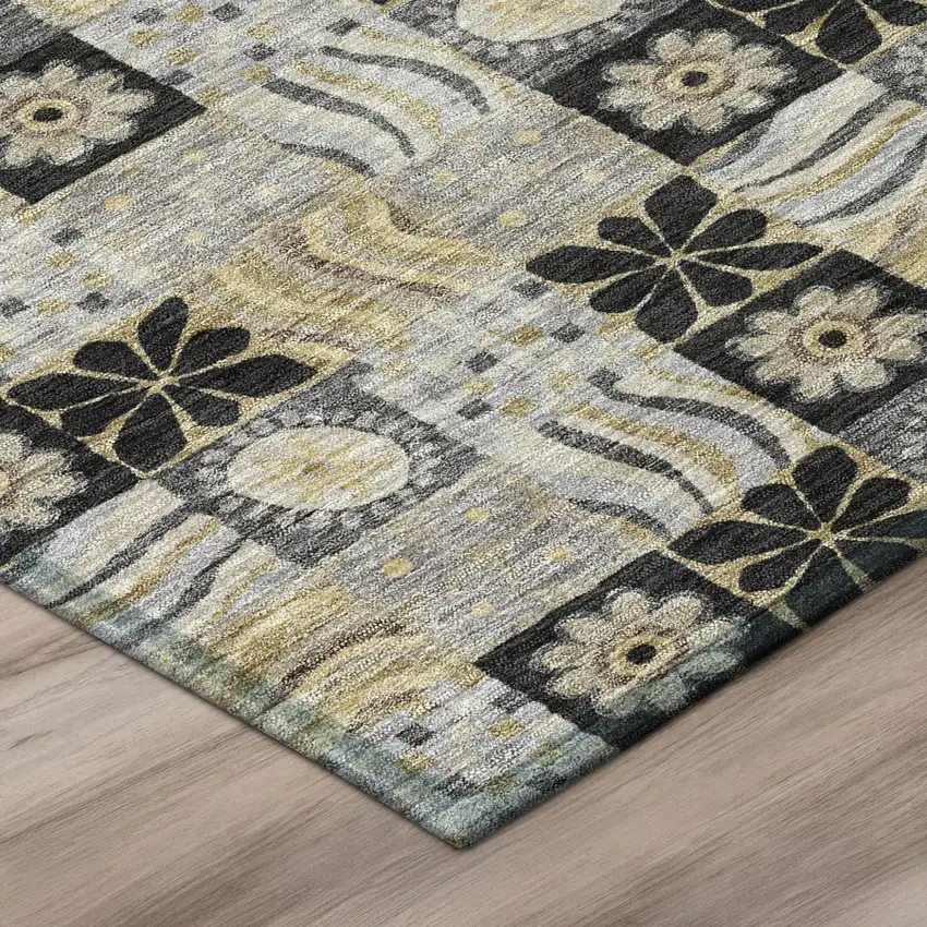 8' Black And Silver Round Floral Washable Indoor Outdoor Area Rug Photo 4