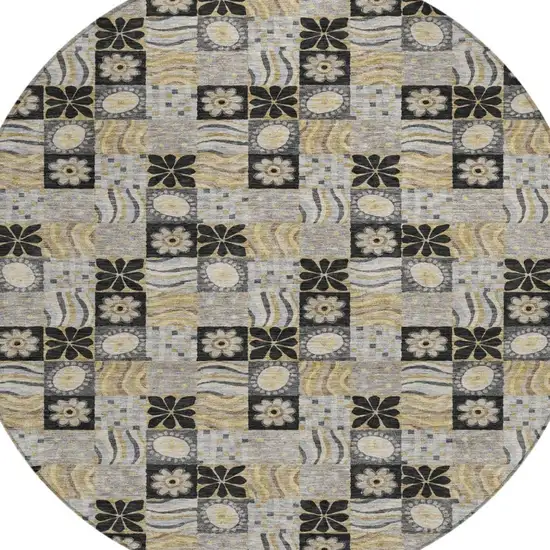 8' Black And Silver Round Floral Washable Indoor Outdoor Area Rug Photo 3