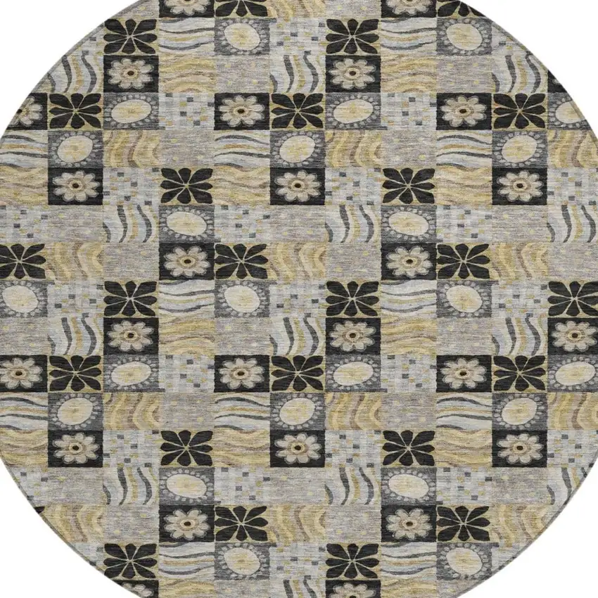 8' Black And Silver Round Floral Washable Indoor Outdoor Area Rug Photo 3