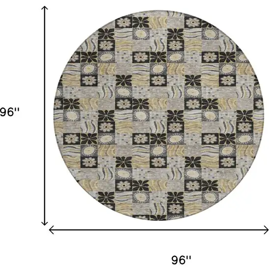 8' Black And Silver Round Floral Washable Indoor Outdoor Area Rug Photo 6