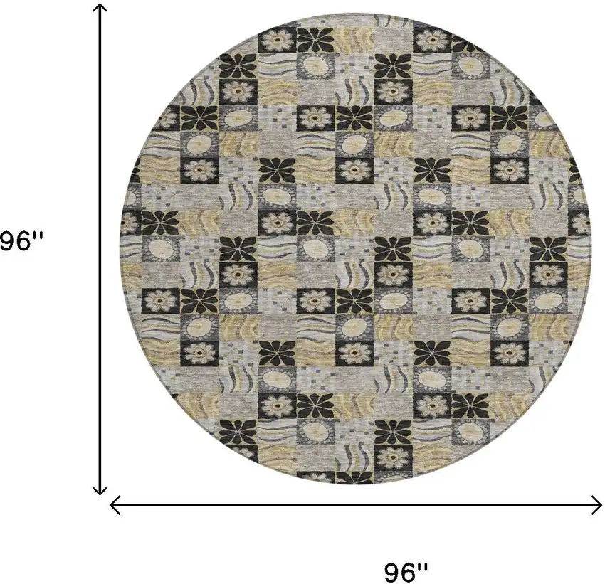 8' Black And Silver Round Floral Washable Indoor Outdoor Area Rug Photo 6