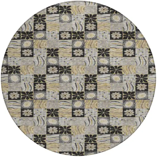 8' Black And Silver Round Floral Washable Indoor Outdoor Area Rug Photo 1