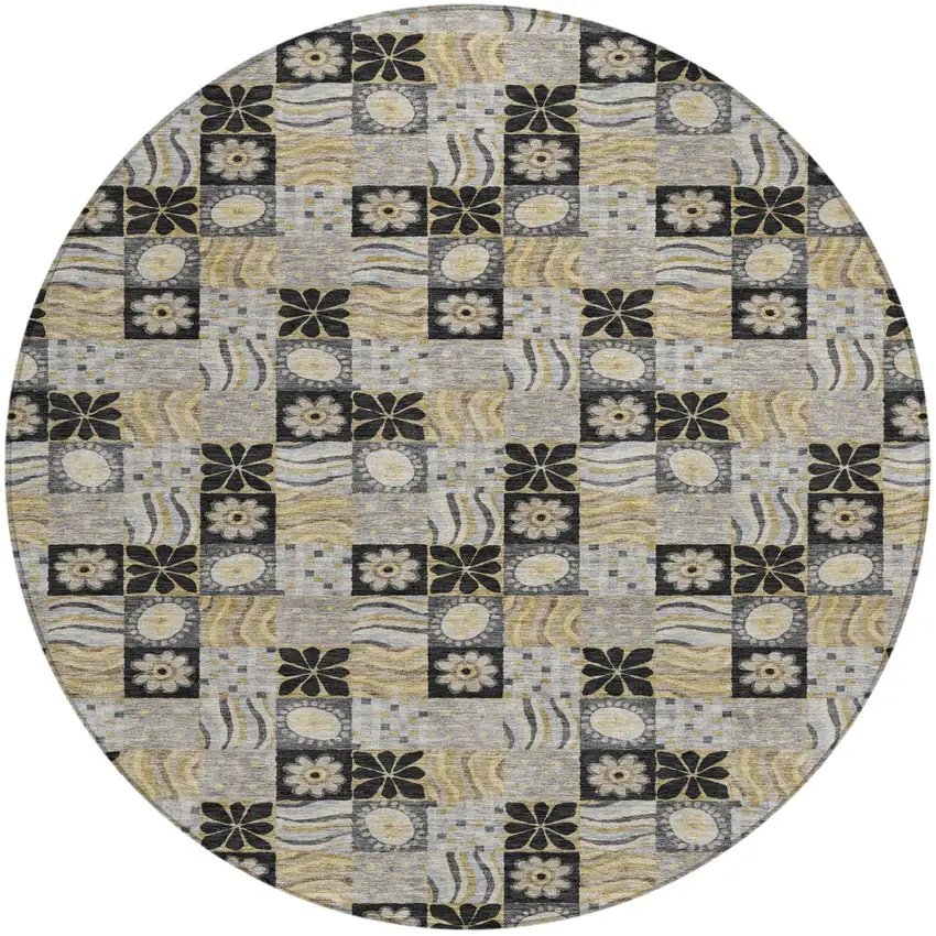 8' Black And Silver Round Floral Washable Indoor Outdoor Area Rug Photo 1
