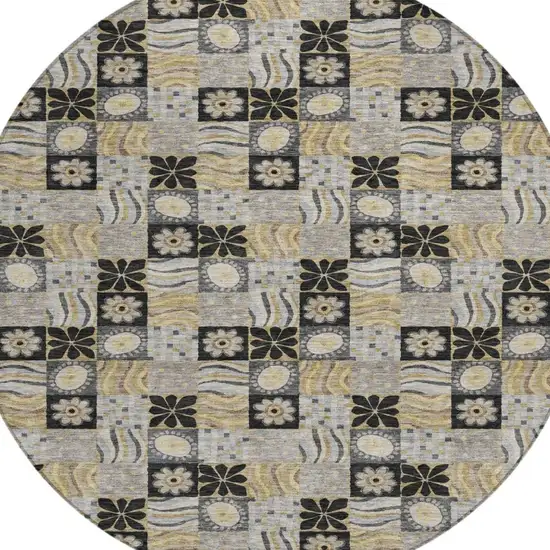 8' Black And Silver Round Floral Washable Indoor Outdoor Area Rug Photo 2