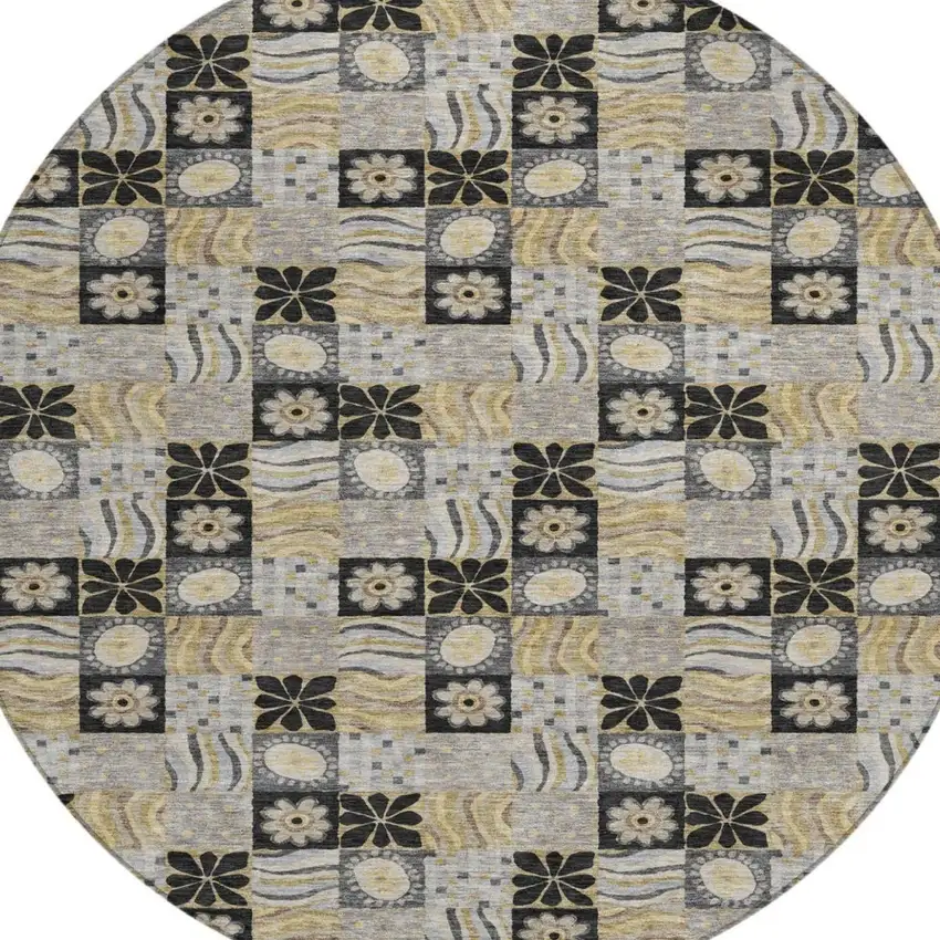 8' Black And Silver Round Floral Washable Indoor Outdoor Area Rug Photo 2