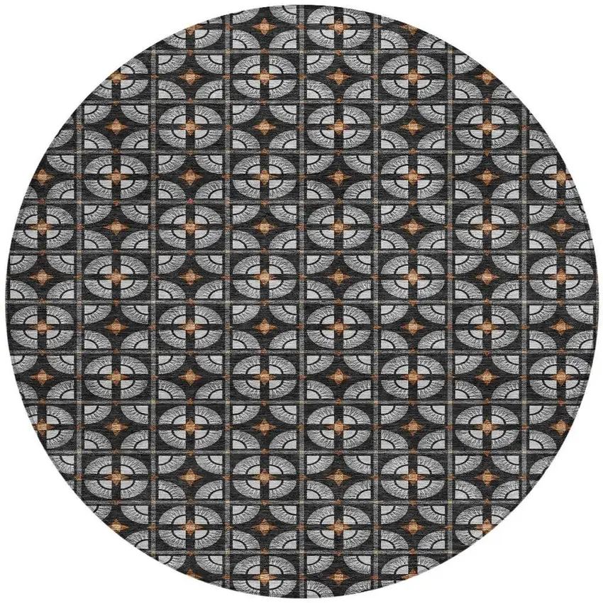 8' Black And Silver Round Geometric Washable Indoor Outdoor Area Rug Photo 4