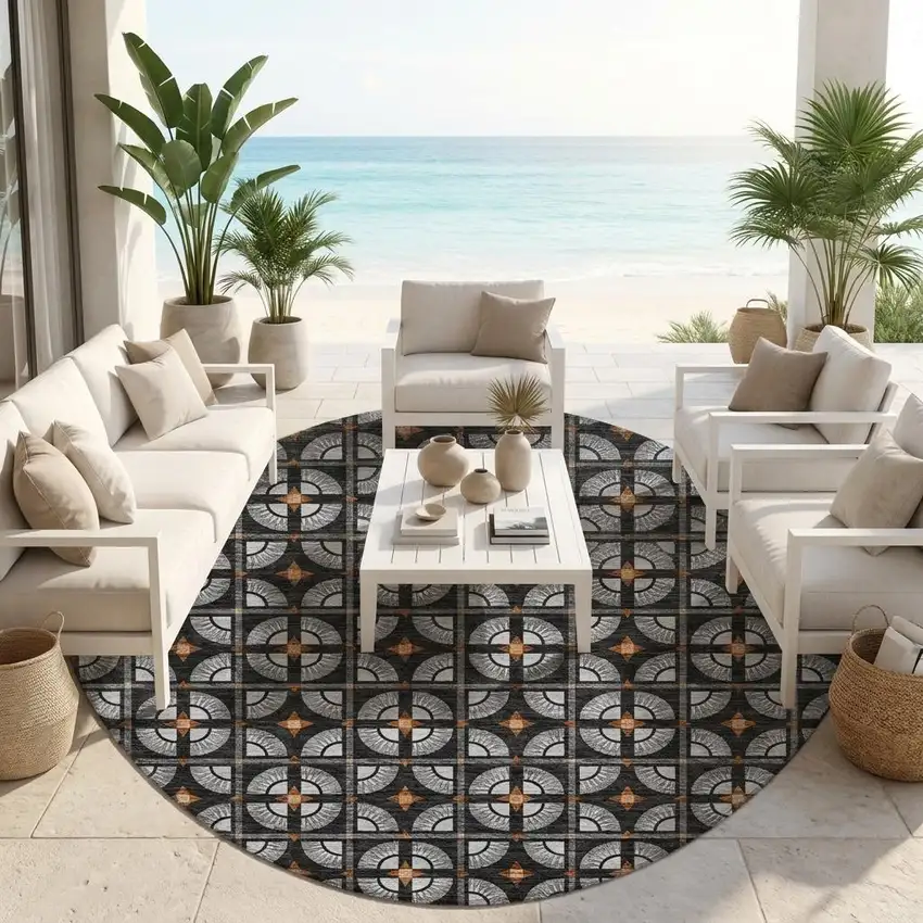 8' Black And Silver Round Geometric Washable Indoor Outdoor Area Rug Photo 1