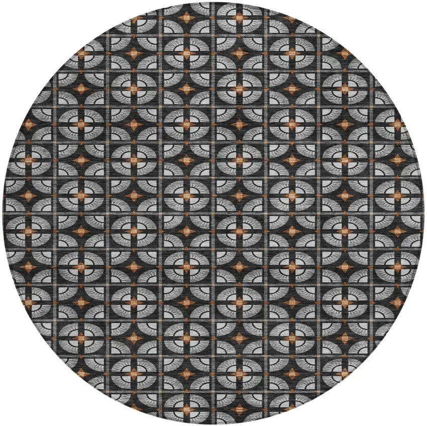8' Black And Silver Round Geometric Washable Indoor Outdoor Area Rug Photo 2