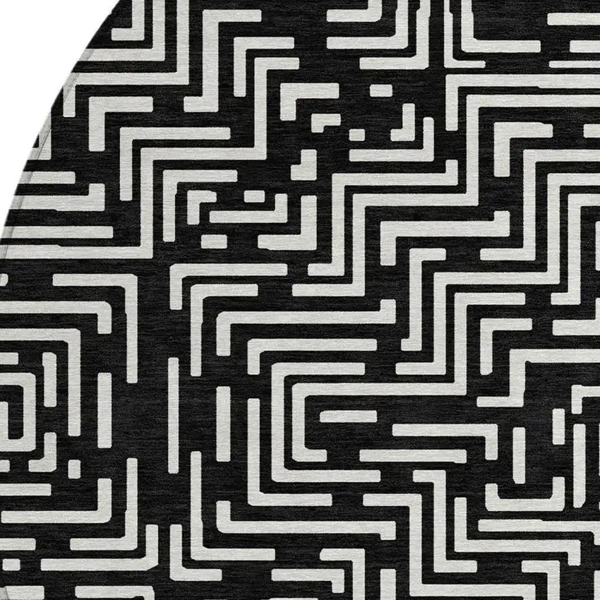 8' Black And Silver Round Geometric Washable Indoor Outdoor Area Rug Photo 5