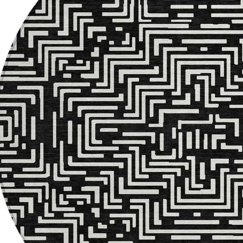 8' Black And Silver Round Geometric Washable Indoor Outdoor Area Rug Photo 6