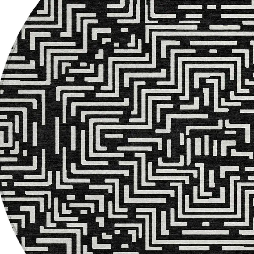 8' Black And Silver Round Geometric Washable Indoor Outdoor Area Rug Photo 2