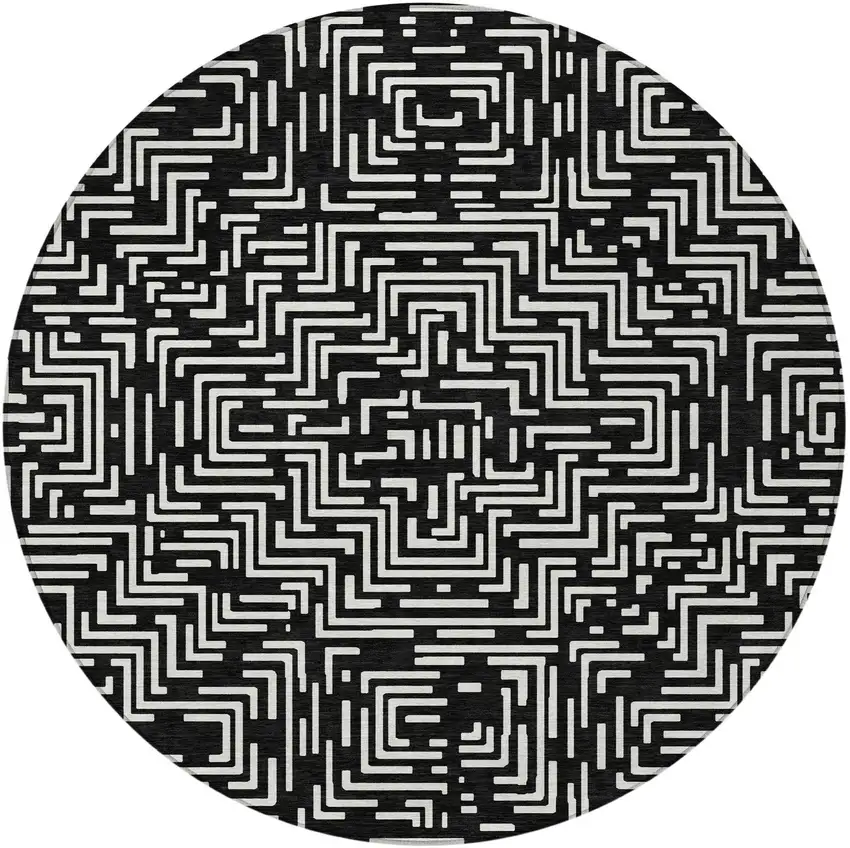 8' Black And Silver Round Geometric Washable Indoor Outdoor Area Rug Photo 4