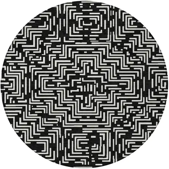 8' Black And Silver Round Geometric Washable Indoor Outdoor Area Rug Photo 4