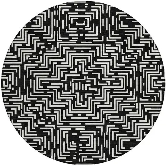 8' Black And Silver Round Geometric Washable Indoor Outdoor Area Rug Photo 3