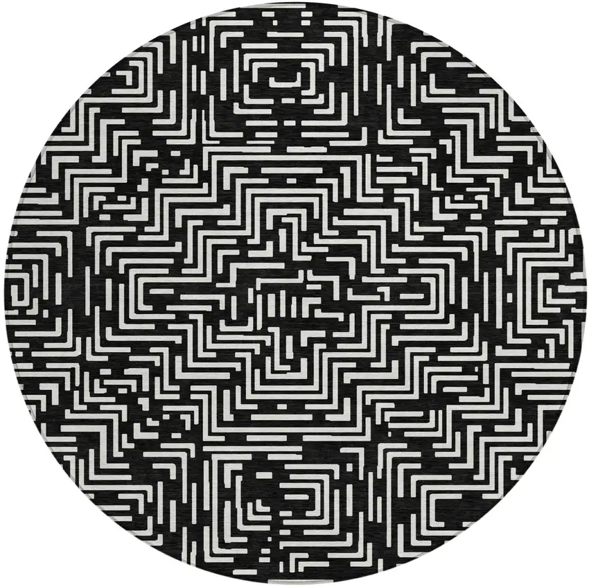 8' Black And Silver Round Geometric Washable Indoor Outdoor Area Rug Photo 3