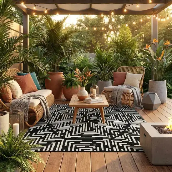 8' Black And Silver Round Geometric Washable Indoor Outdoor Area Rug Photo 1