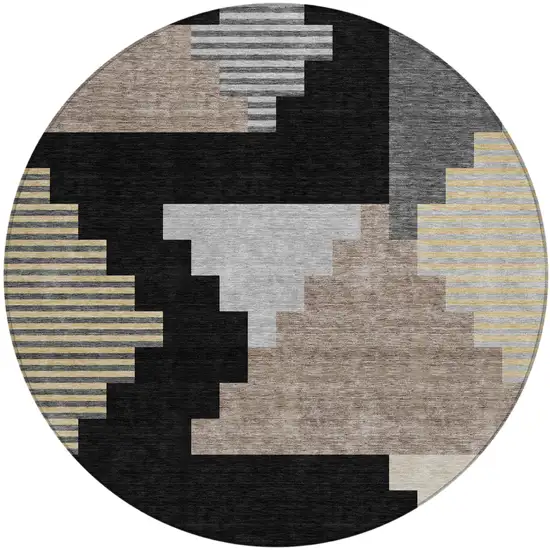 8' Black And Silver Round Geometric Washable Indoor Outdoor Area Rug Photo 3