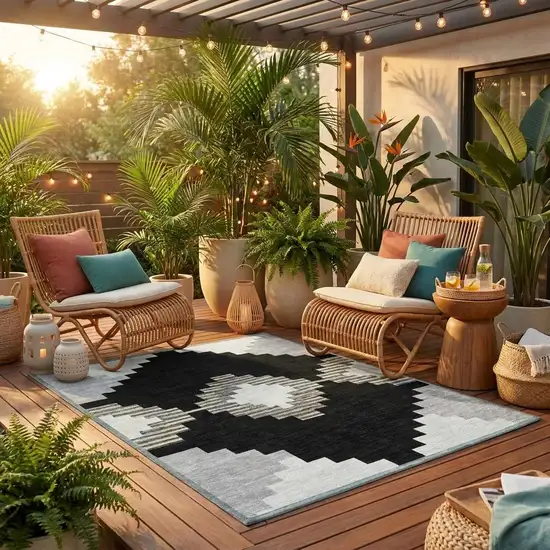 8' Black And Silver Round Geometric Washable Indoor Outdoor Area Rug Photo 1