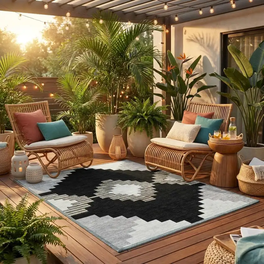 8' Black And Silver Round Geometric Washable Indoor Outdoor Area Rug Photo 1