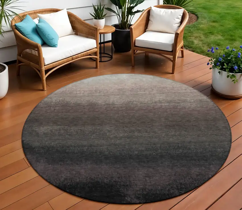 8' Black And Silver Round Ombre Washable Indoor Outdoor Area Rug Photo 2