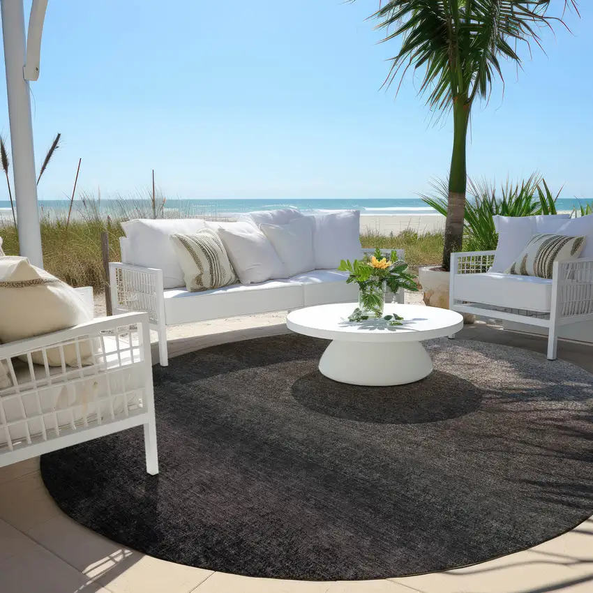 8' Black And Silver Round Ombre Washable Indoor Outdoor Area Rug Photo 5