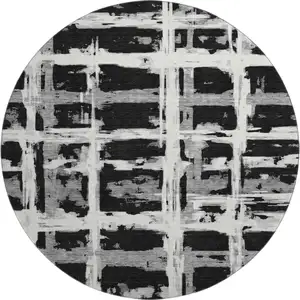 Photo of 8' Black And Silver Striped Washable Round Rug With UV Protection