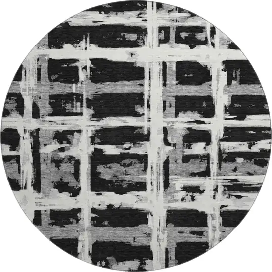 8' Black And Silver Striped Washable Round Rug With UV Protection Photo 1