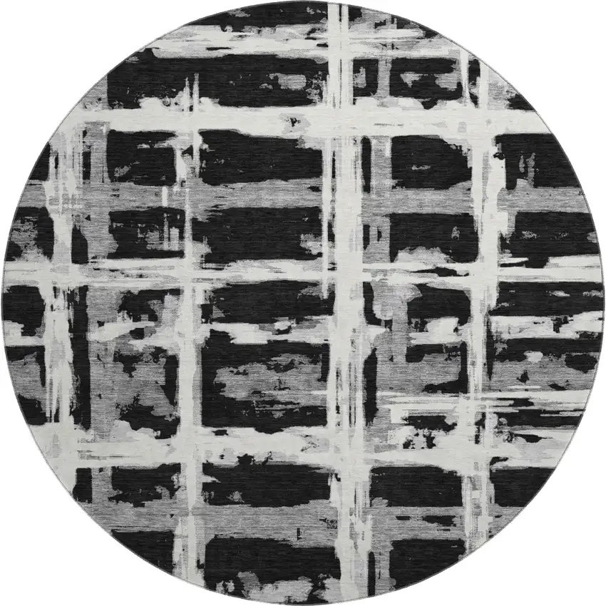 8' Black And Silver Striped Washable Round Rug With UV Protection Photo 1