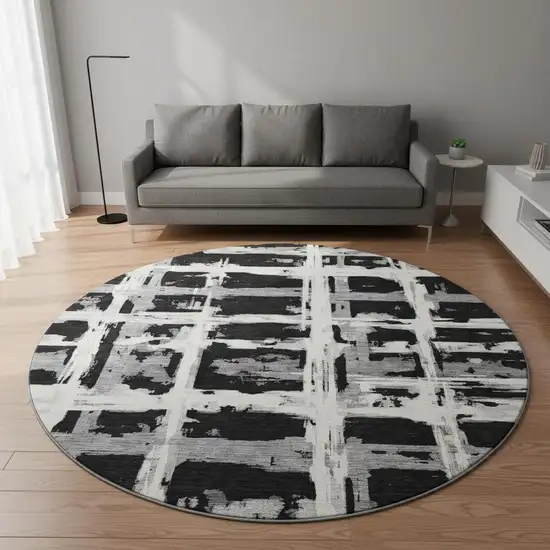 8' Black And Silver Striped Washable Round Rug With UV Protection Photo 2