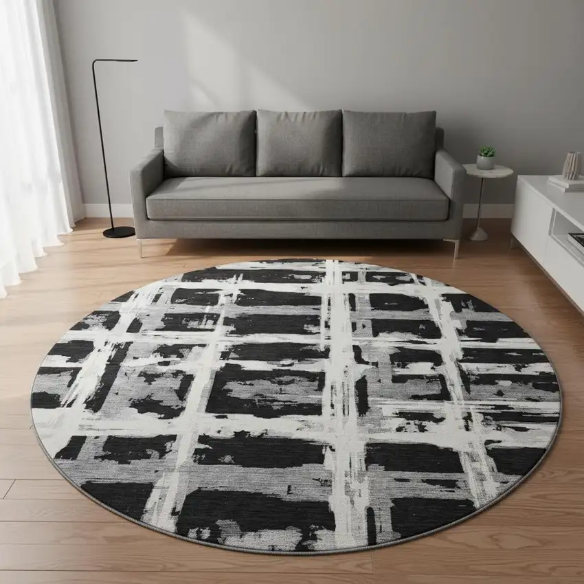 8' Black And Silver Striped Washable Round Rug With UV Protection Photo 2
