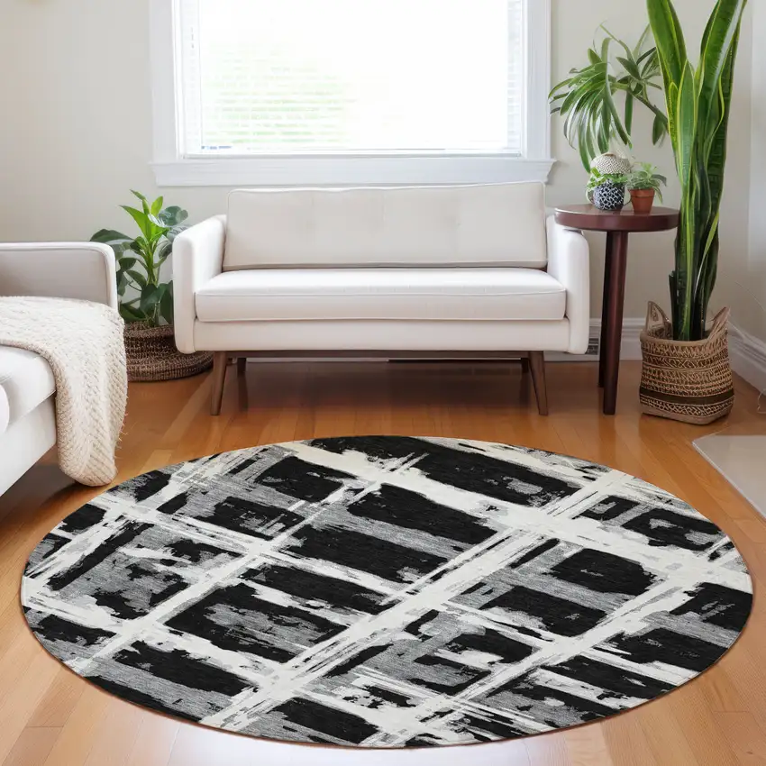 8' Black And Silver Striped Washable Round Rug With UV Protection Photo 3