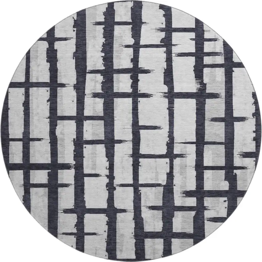 8' Black And Silver Striped Washable Round Rug With UV Protection Photo 1