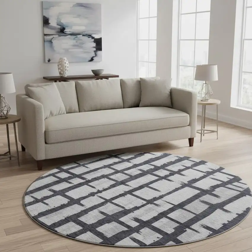 8' Black And Silver Striped Washable Round Rug With UV Protection Photo 2