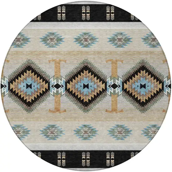 8' Black And Tan Round Southwestern Washable Indoor Outdoor Area Rug Photo 3