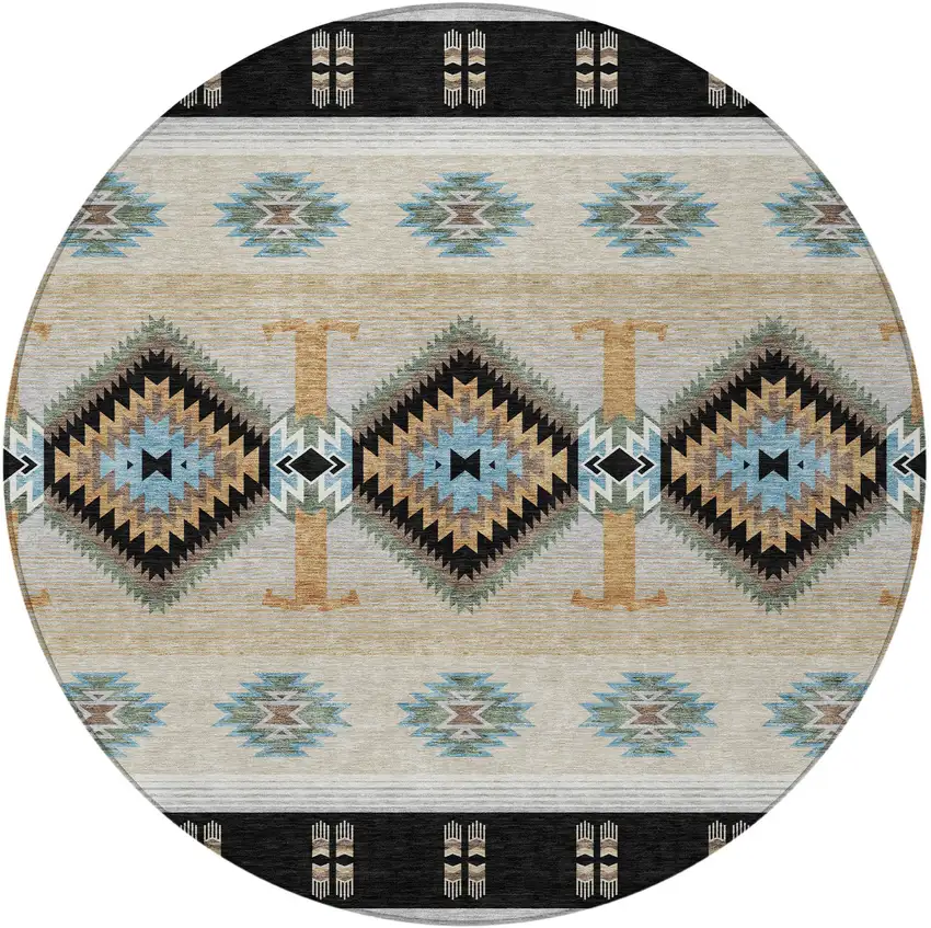 8' Black And Tan Round Southwestern Washable Indoor Outdoor Area Rug Photo 3