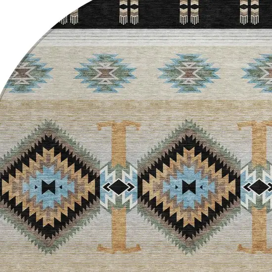 8' Black And Tan Round Southwestern Washable Indoor Outdoor Area Rug Photo 2