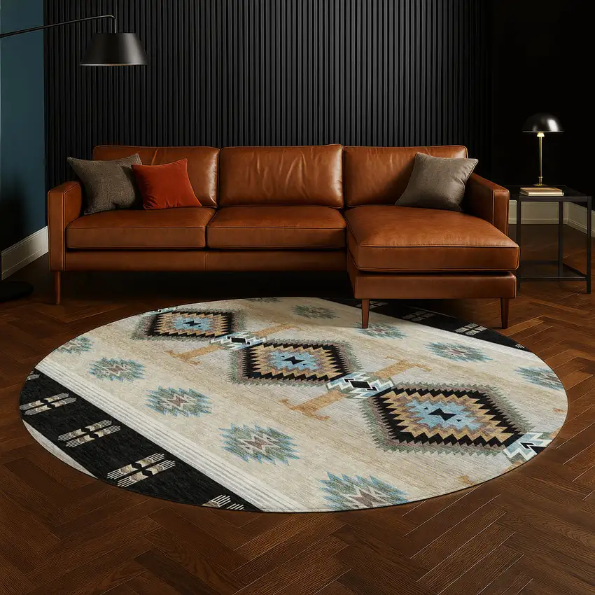 8' Black And Tan Round Southwestern Washable Indoor Outdoor Area Rug Photo 5
