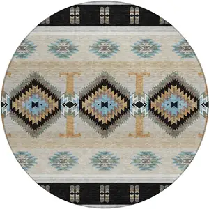Photo of 8' Black And Tan Round Southwestern Washable Indoor Outdoor Area Rug