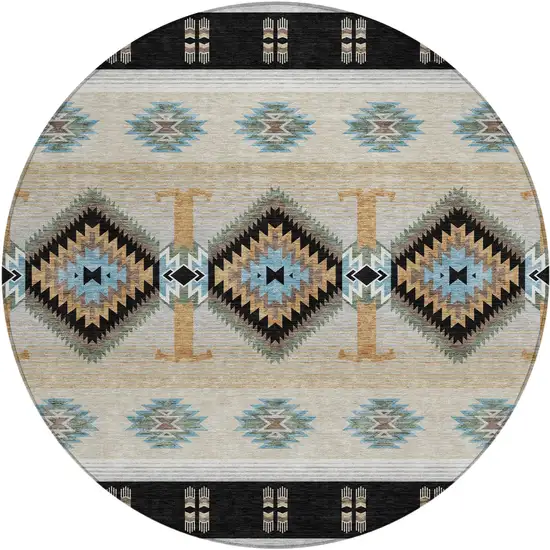 8' Black And Tan Round Southwestern Washable Indoor Outdoor Area Rug Photo 1