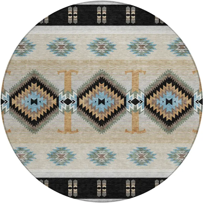 8' Black And Tan Round Southwestern Washable Indoor Outdoor Area Rug Photo 1