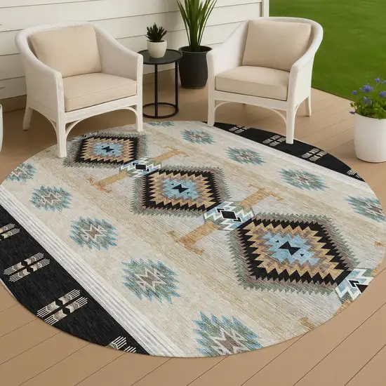 8' Black And Tan Round Southwestern Washable Indoor Outdoor Area Rug Photo 4