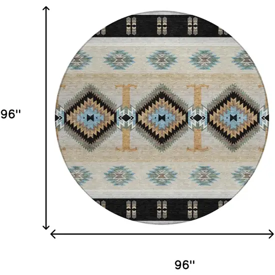 8' Black And Tan Round Southwestern Washable Indoor Outdoor Area Rug Photo 7