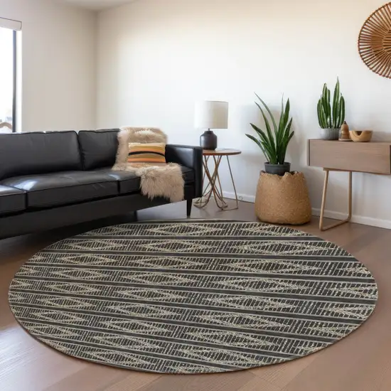 8' Black And Taupe Geometric Washable Round Rug With UV Protection Photo 4