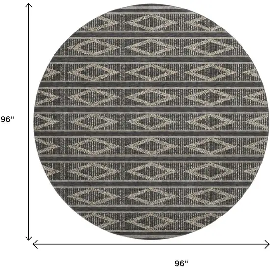 8' Black And Taupe Geometric Washable Round Rug With UV Protection Photo 9