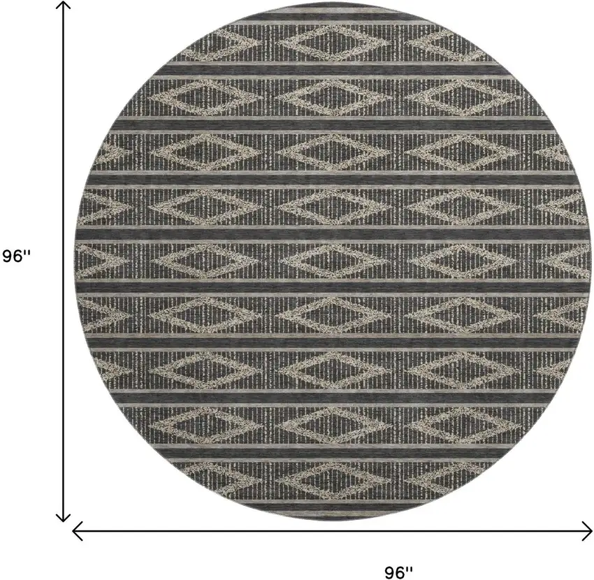 8' Black And Taupe Geometric Washable Round Rug With UV Protection Photo 9