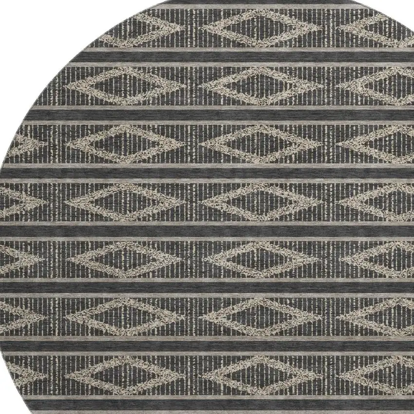 8' Black And Taupe Geometric Washable Round Rug With UV Protection Photo 2