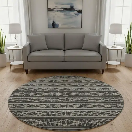 8' Black And Taupe Geometric Washable Round Rug With UV Protection Photo 2